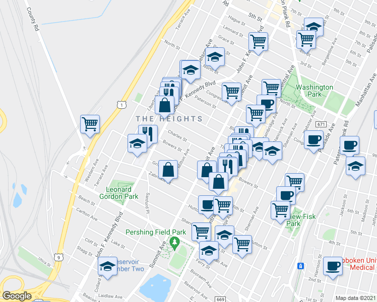 map of restaurants, bars, coffee shops, grocery stores, and more near 210A Bowers Street in Jersey City