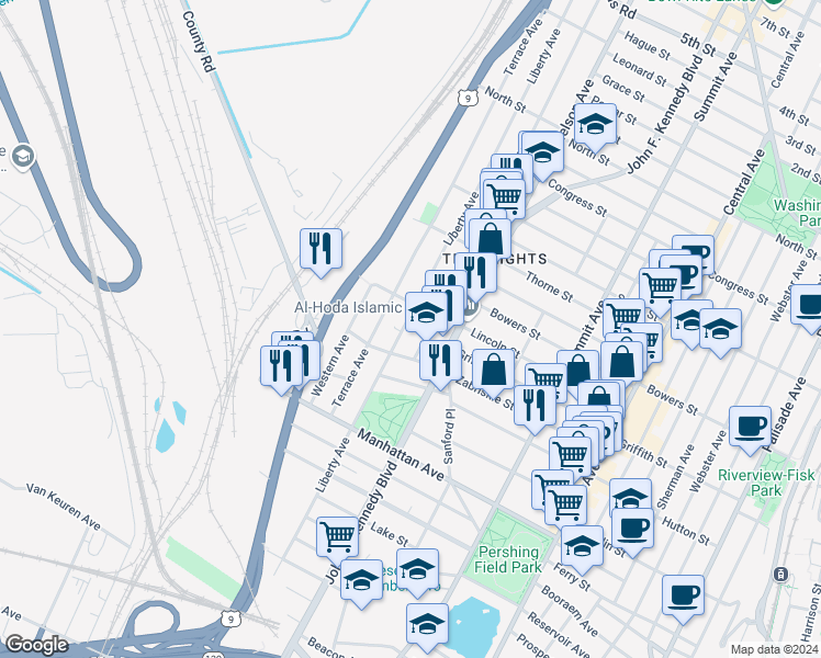 map of restaurants, bars, coffee shops, grocery stores, and more near 353 Liberty Avenue in Jersey City