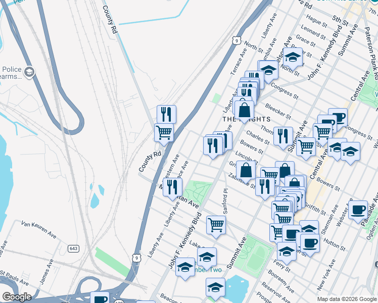 map of restaurants, bars, coffee shops, grocery stores, and more near 210 Zabriskie Street in Jersey City