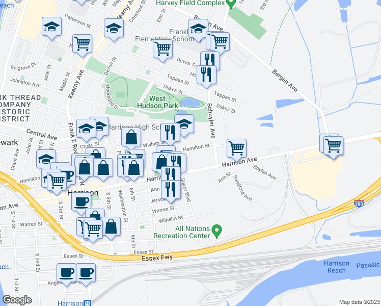 map of restaurants, bars, coffee shops, grocery stores, and more near 801-815 Harrison Avenue in Harrison