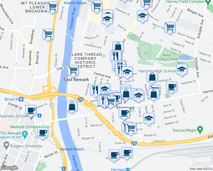 map of restaurants, bars, coffee shops, grocery stores, and more near 109 Cross Street in Harrison