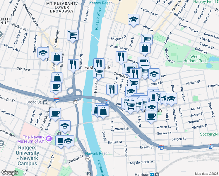 map of restaurants, bars, coffee shops, grocery stores, and more near in East Newark