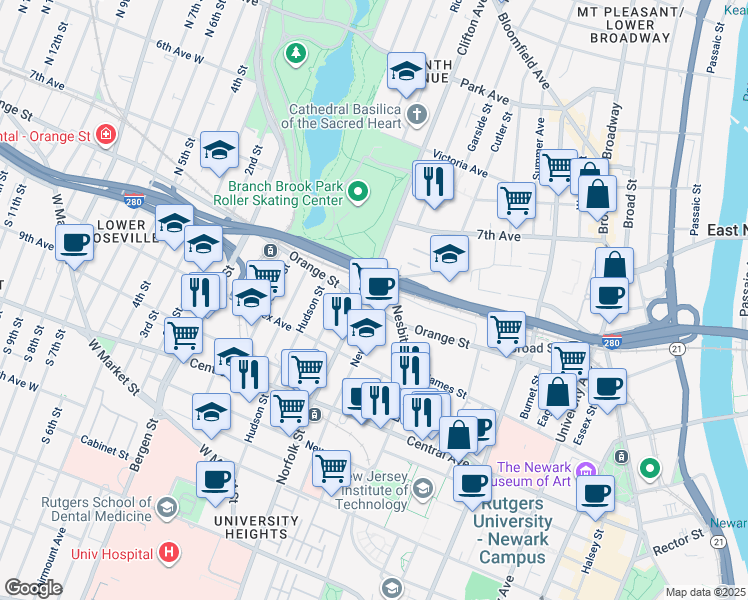 map of restaurants, bars, coffee shops, grocery stores, and more near 3 Clifton Avenue in Newark