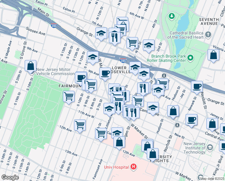 map of restaurants, bars, coffee shops, grocery stores, and more near 449 West Market Street in Newark