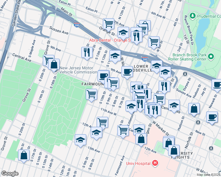 map of restaurants, bars, coffee shops, grocery stores, and more near 535 Central Avenue in Newark
