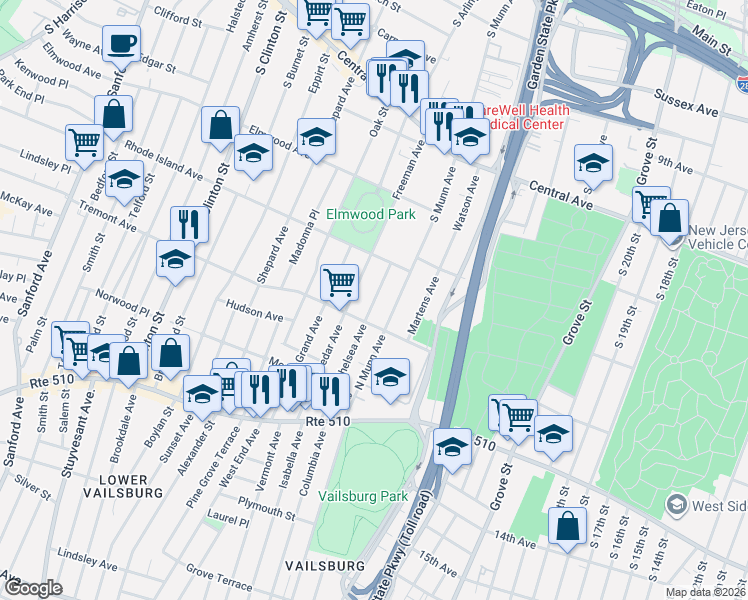 map of restaurants, bars, coffee shops, grocery stores, and more near 37 Chelsea Avenue in East Orange