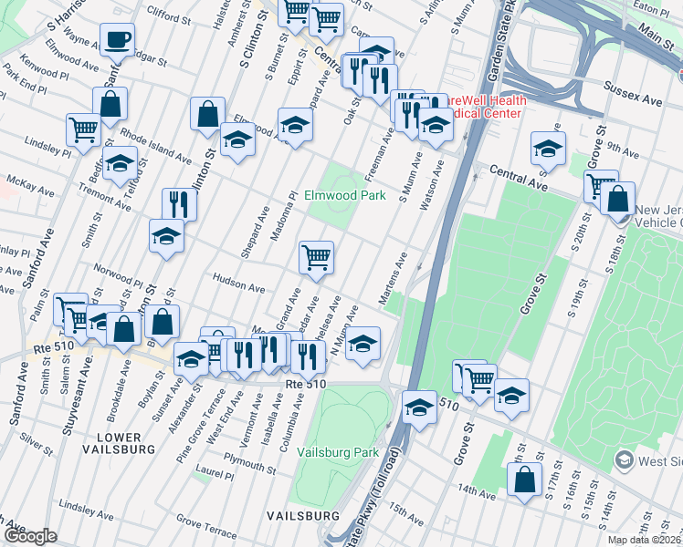 map of restaurants, bars, coffee shops, grocery stores, and more near 37 Chelsea Avenue in East Orange