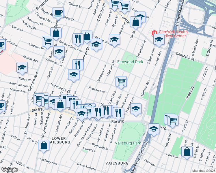 map of restaurants, bars, coffee shops, grocery stores, and more near 207 Oak Street in East Orange