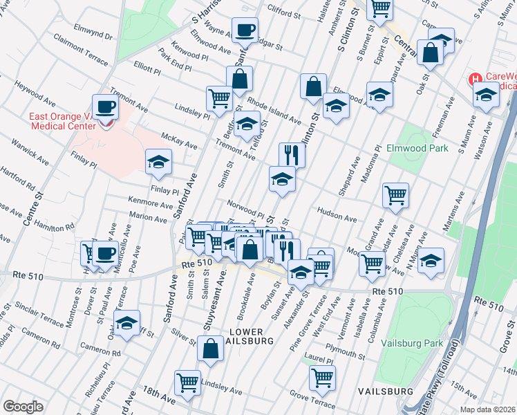 map of restaurants, bars, coffee shops, grocery stores, and more near 507 South Clinton Street in East Orange