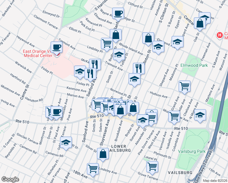 map of restaurants, bars, coffee shops, grocery stores, and more near 32 Norwood Place in East Orange