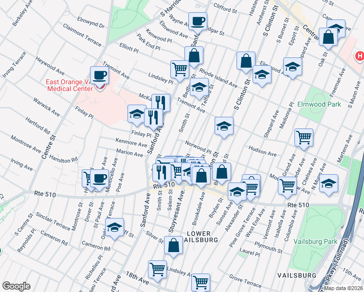 map of restaurants, bars, coffee shops, grocery stores, and more near 80 Telford Street in Newark