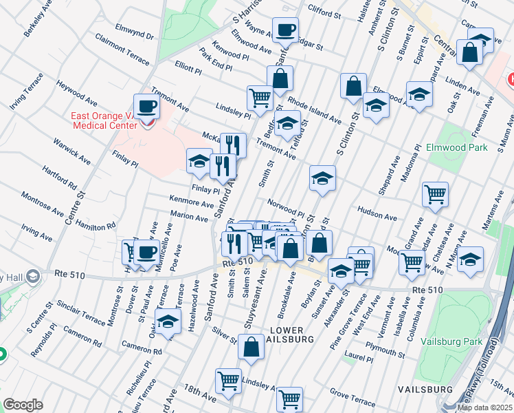 map of restaurants, bars, coffee shops, grocery stores, and more near 80 Telford Street in Newark