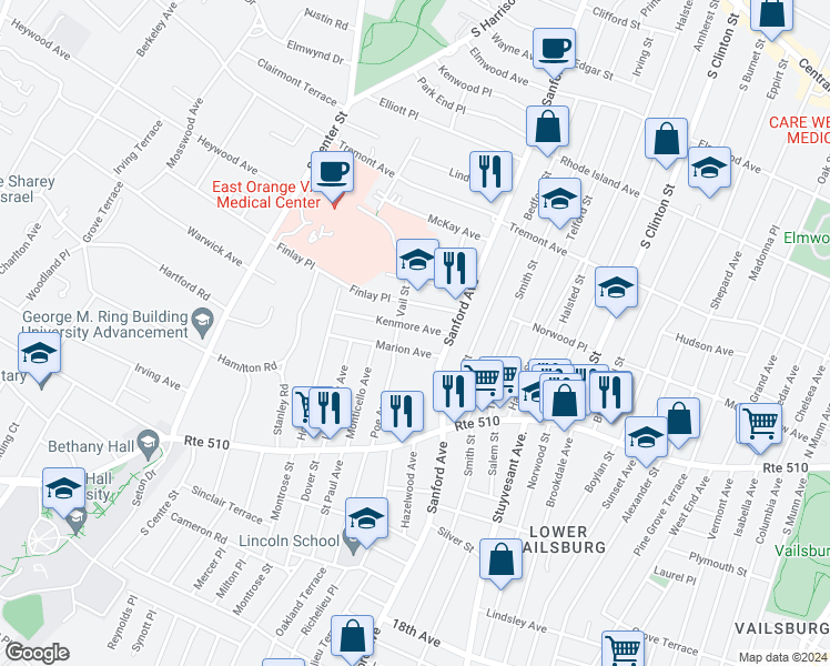 map of restaurants, bars, coffee shops, grocery stores, and more near 42 Kenmore Avenue in Newark