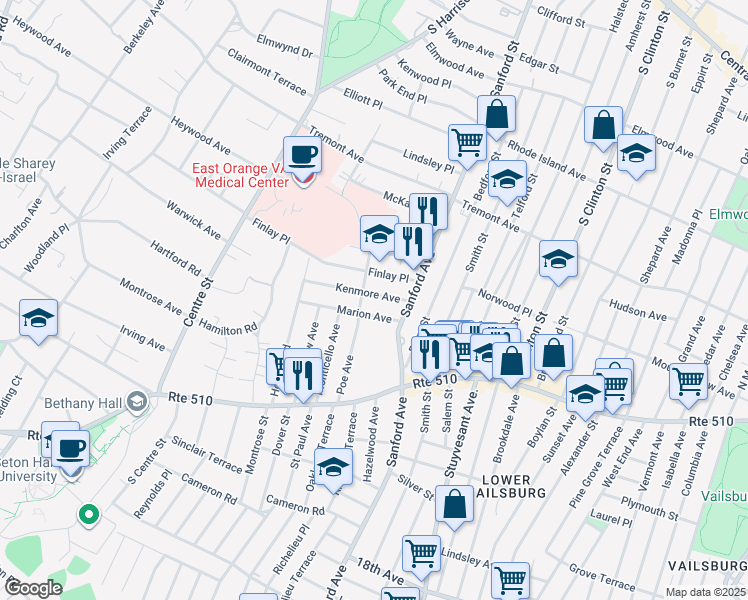 map of restaurants, bars, coffee shops, grocery stores, and more near 42 Kenmore Avenue in Newark