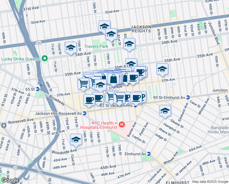 map of restaurants, bars, coffee shops, grocery stores, and more near 37-15 79th Street in Queens