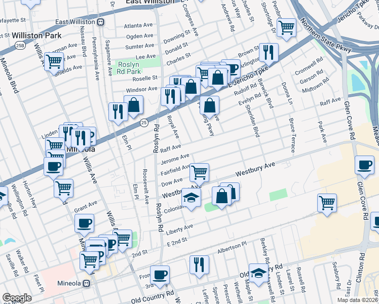 map of restaurants, bars, coffee shops, grocery stores, and more near 68 Jerome Avenue in Mineola