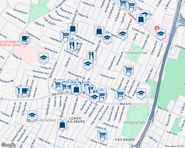 map of restaurants, bars, coffee shops, grocery stores, and more near 100 Brookwood Street in East Orange