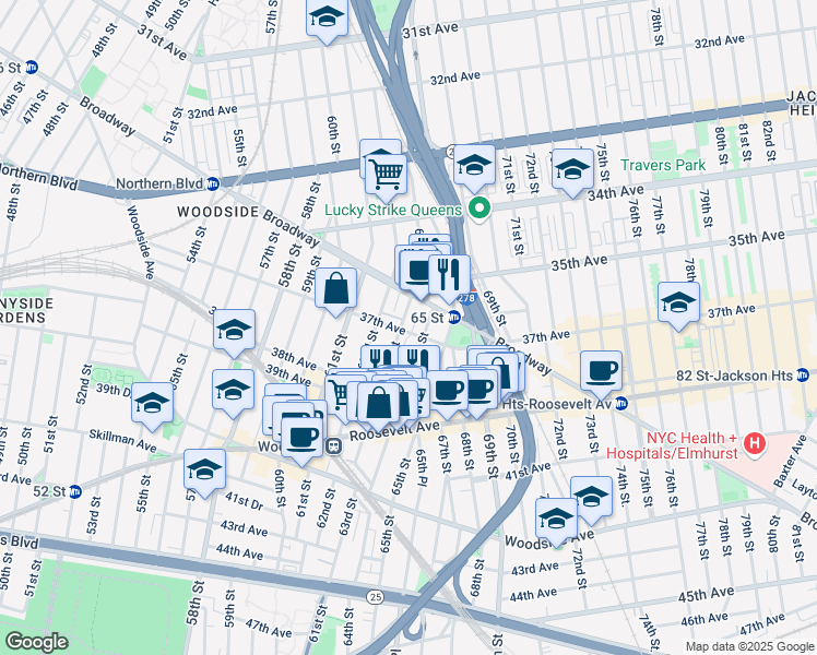 map of restaurants, bars, coffee shops, grocery stores, and more near 35-52 64th Street in Queens