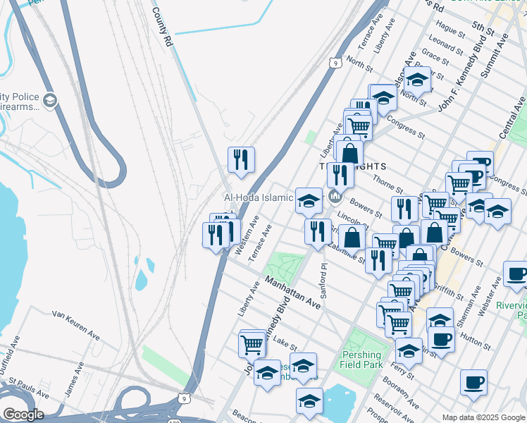 map of restaurants, bars, coffee shops, grocery stores, and more near 210 Zabriskie Street in Jersey City