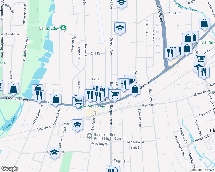 map of restaurants, bars, coffee shops, grocery stores, and more near 365 1st Ave in Bayport