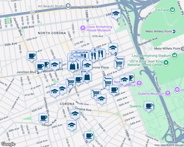 map of restaurants, bars, coffee shops, grocery stores, and more near 104-31 42nd Avenue in Queens