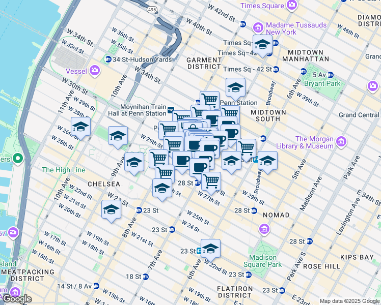map of restaurants, bars, coffee shops, grocery stores, and more near 222w West 30th Street in New York