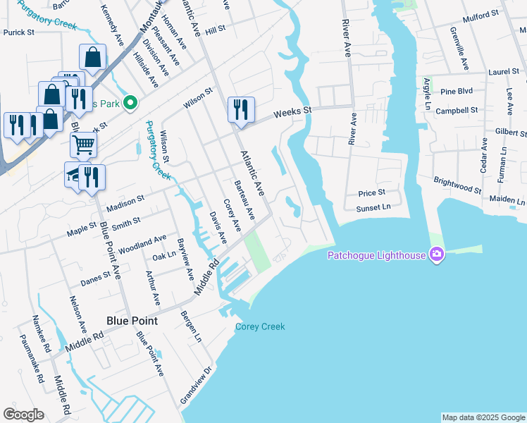 map of restaurants, bars, coffee shops, grocery stores, and more near 32 Atlantic Avenue in Blue Point