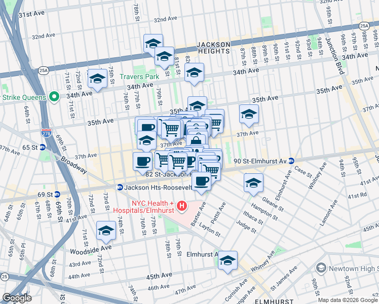 map of restaurants, bars, coffee shops, grocery stores, and more near 37-20 81st Street in Queens