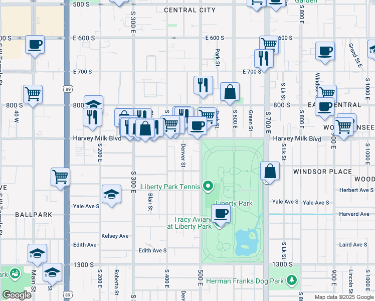 map of restaurants, bars, coffee shops, grocery stores, and more near 935 Denver Street in Salt Lake City