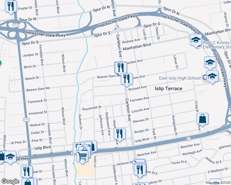 map of restaurants, bars, coffee shops, grocery stores, and more near 9 Karp Drive in Islip Terrace