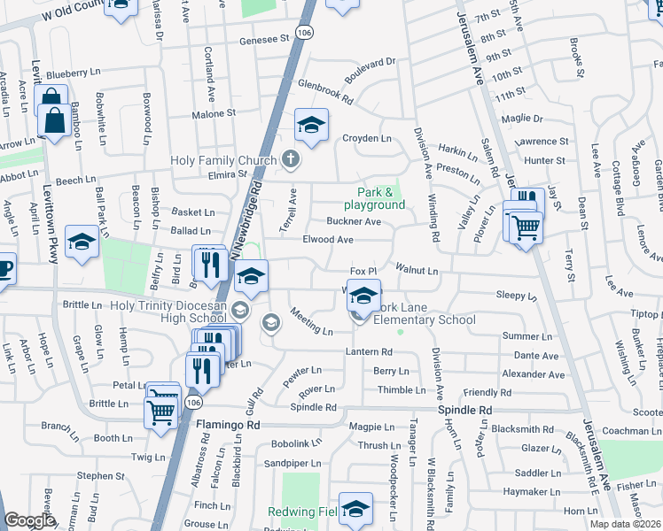 map of restaurants, bars, coffee shops, grocery stores, and more near 8 Mill Rd in Hicksville