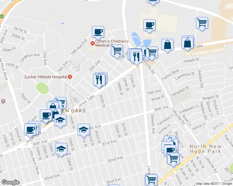 map of restaurants, bars, coffee shops, grocery stores, and more near 78-27 267th Street in Queens