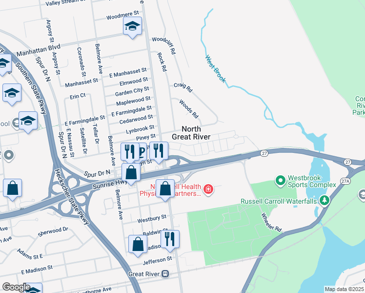 map of restaurants, bars, coffee shops, grocery stores, and more near 202 Providence Drive in North Great River