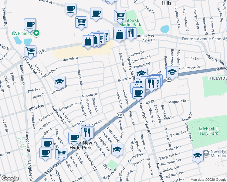 map of restaurants, bars, coffee shops, grocery stores, and more near 10 Nugent Street in New Hyde Park