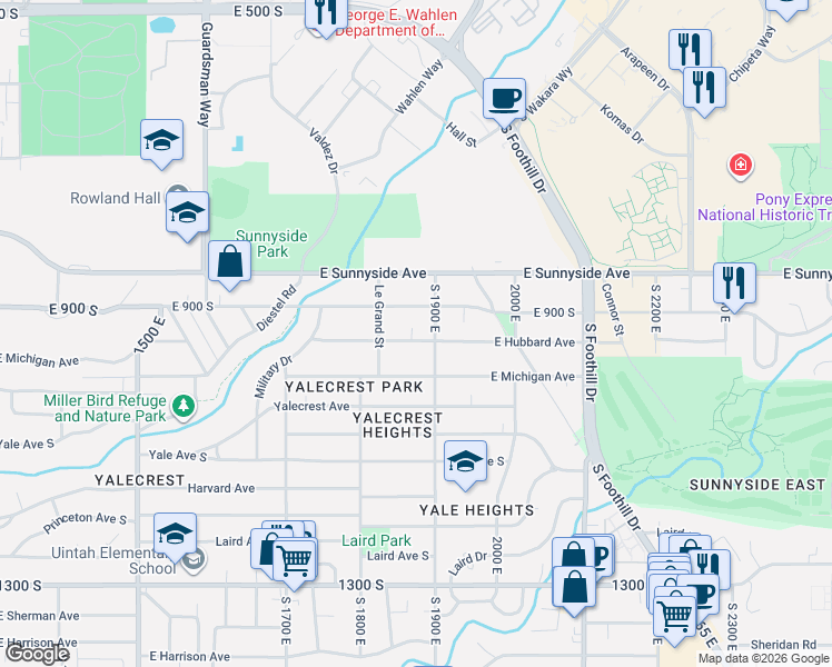 map of restaurants, bars, coffee shops, grocery stores, and more near 1863 East Hubbard Avenue in Salt Lake City
