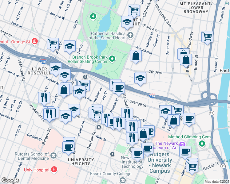map of restaurants, bars, coffee shops, grocery stores, and more near 3 Clifton Avenue in Newark