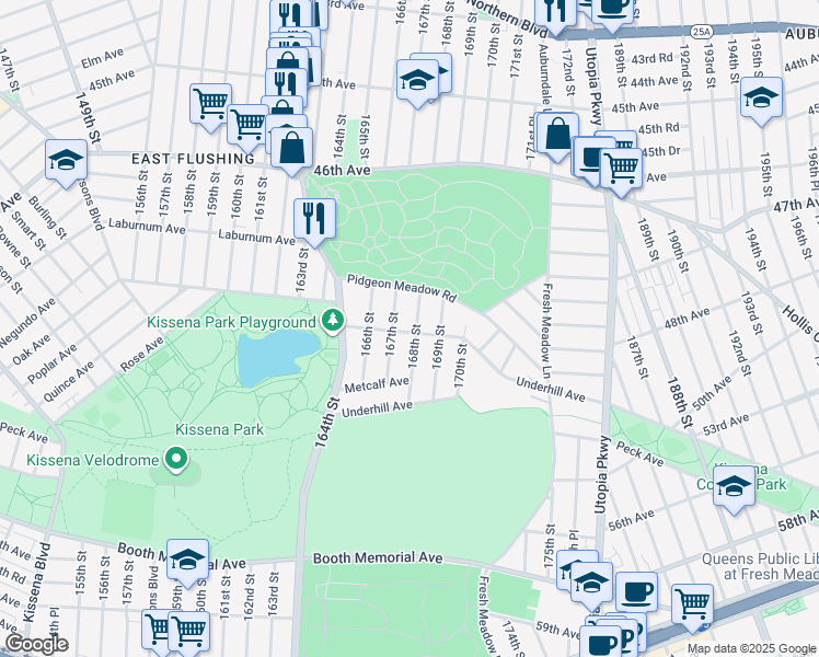 map of restaurants, bars, coffee shops, grocery stores, and more near 47-40 168th Street in Queens