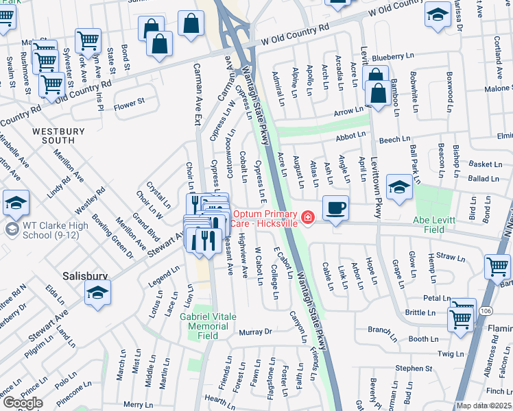 map of restaurants, bars, coffee shops, grocery stores, and more near 118 Cypress Ln E in Westbury