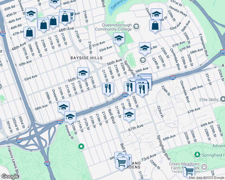 map of restaurants, bars, coffee shops, grocery stores, and more near 58-27 217th Street in Queens