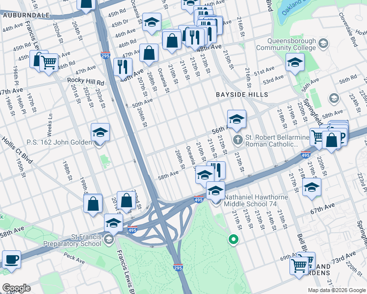 map of restaurants, bars, coffee shops, grocery stores, and more near 56-03 208th Street in Queens
