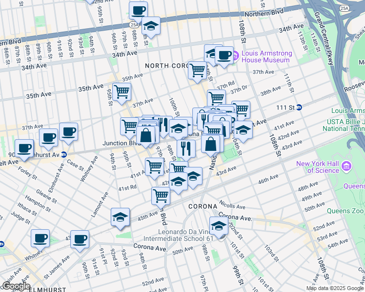 map of restaurants, bars, coffee shops, grocery stores, and more near 40-19 99th Street in Queens