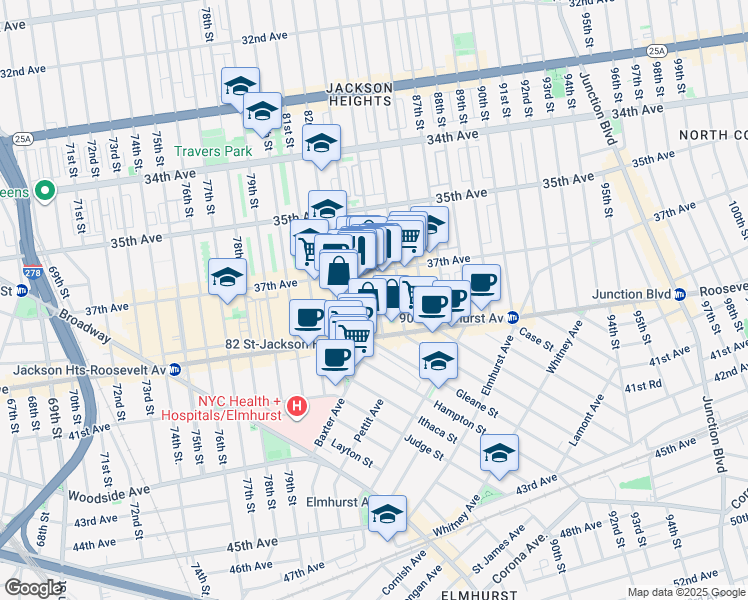 map of restaurants, bars, coffee shops, grocery stores, and more near 37-34 84th Street in Queens