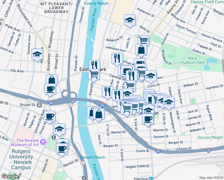 map of restaurants, bars, coffee shops, grocery stores, and more near 126 Grant Avenue in East Newark