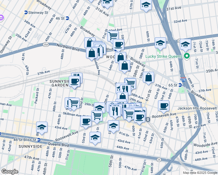 map of restaurants, bars, coffee shops, grocery stores, and more near 38-28 55th Street in Queens