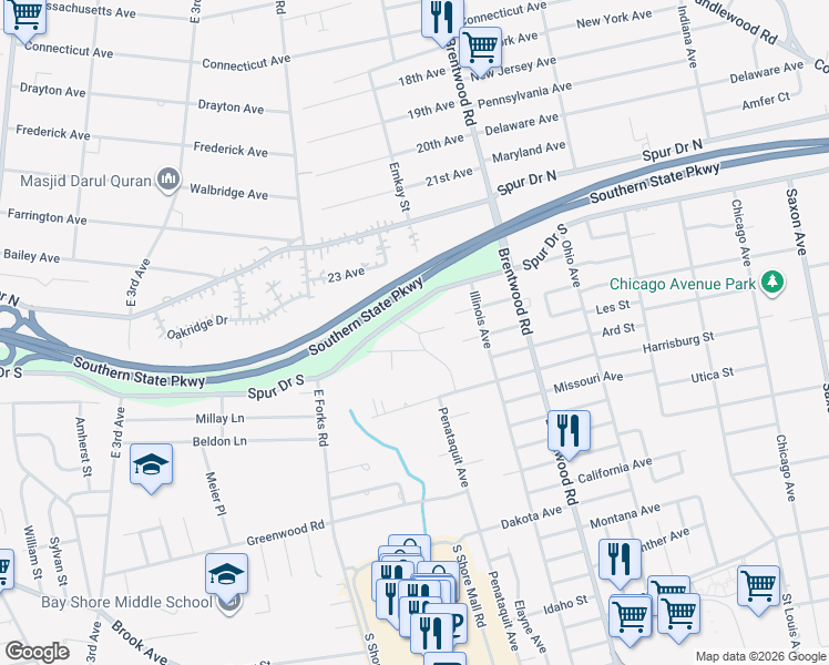 map of restaurants, bars, coffee shops, grocery stores, and more near 15 Newbrook Lane in Bay Shore