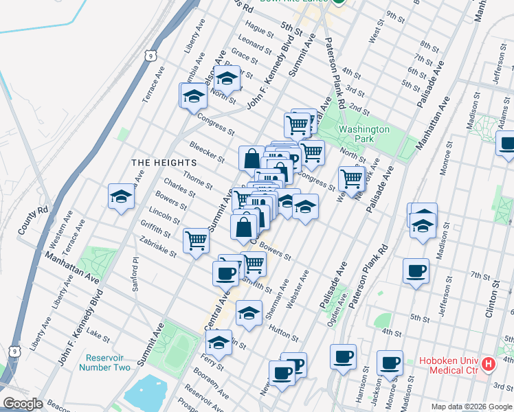 map of restaurants, bars, coffee shops, grocery stores, and more near 419 Central Avenue in Jersey City
