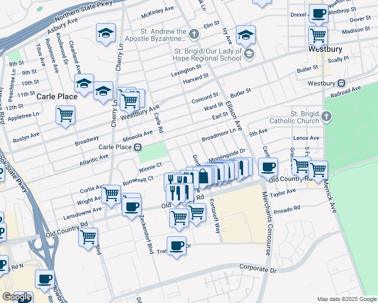 map of restaurants, bars, coffee shops, grocery stores, and more near 129 Gordon Avenue in Westbury