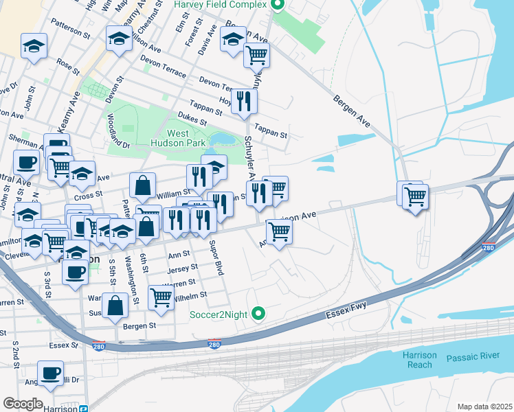 map of restaurants, bars, coffee shops, grocery stores, and more near 24 Schuyler Avenue in Kearny