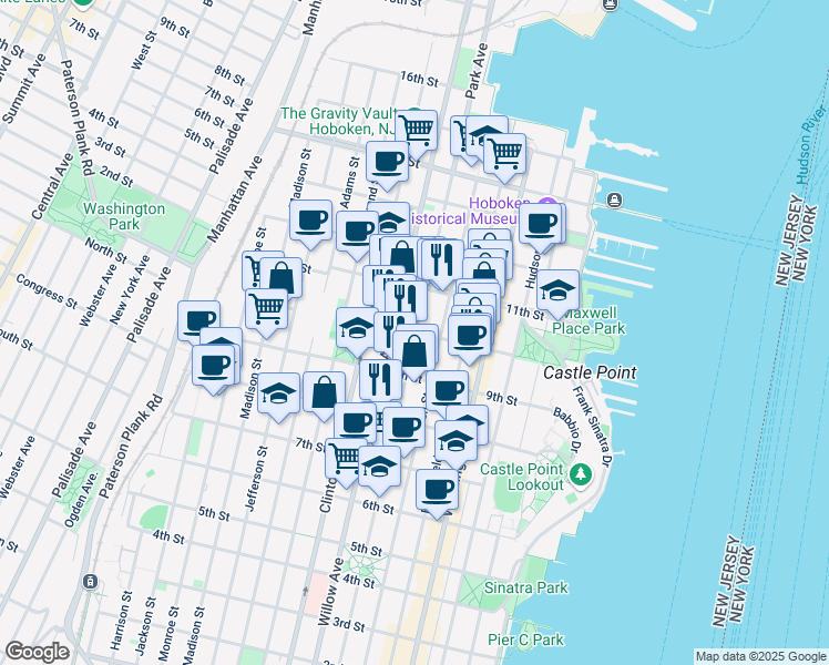 map of restaurants, bars, coffee shops, grocery stores, and more near Park Avenue & 10th Street in Hoboken