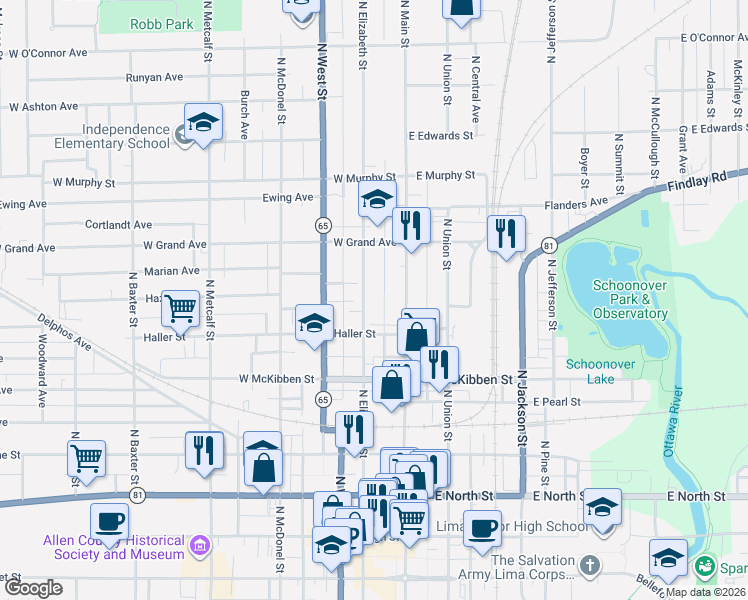map of restaurants, bars, coffee shops, grocery stores, and more near 638 N Elizabeth St in Lima